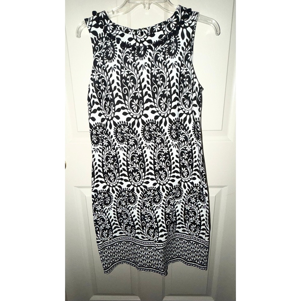 TALBOTS Petite Medium Paisley Black White Sleeveless Dress PomPom Neckline